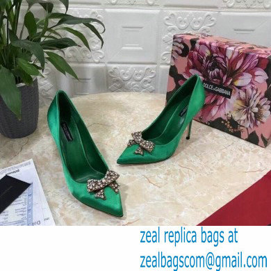 Dolce  &  Gabbana Heel 10.5cm Satin Pumps Green with Crystal Bow 2021